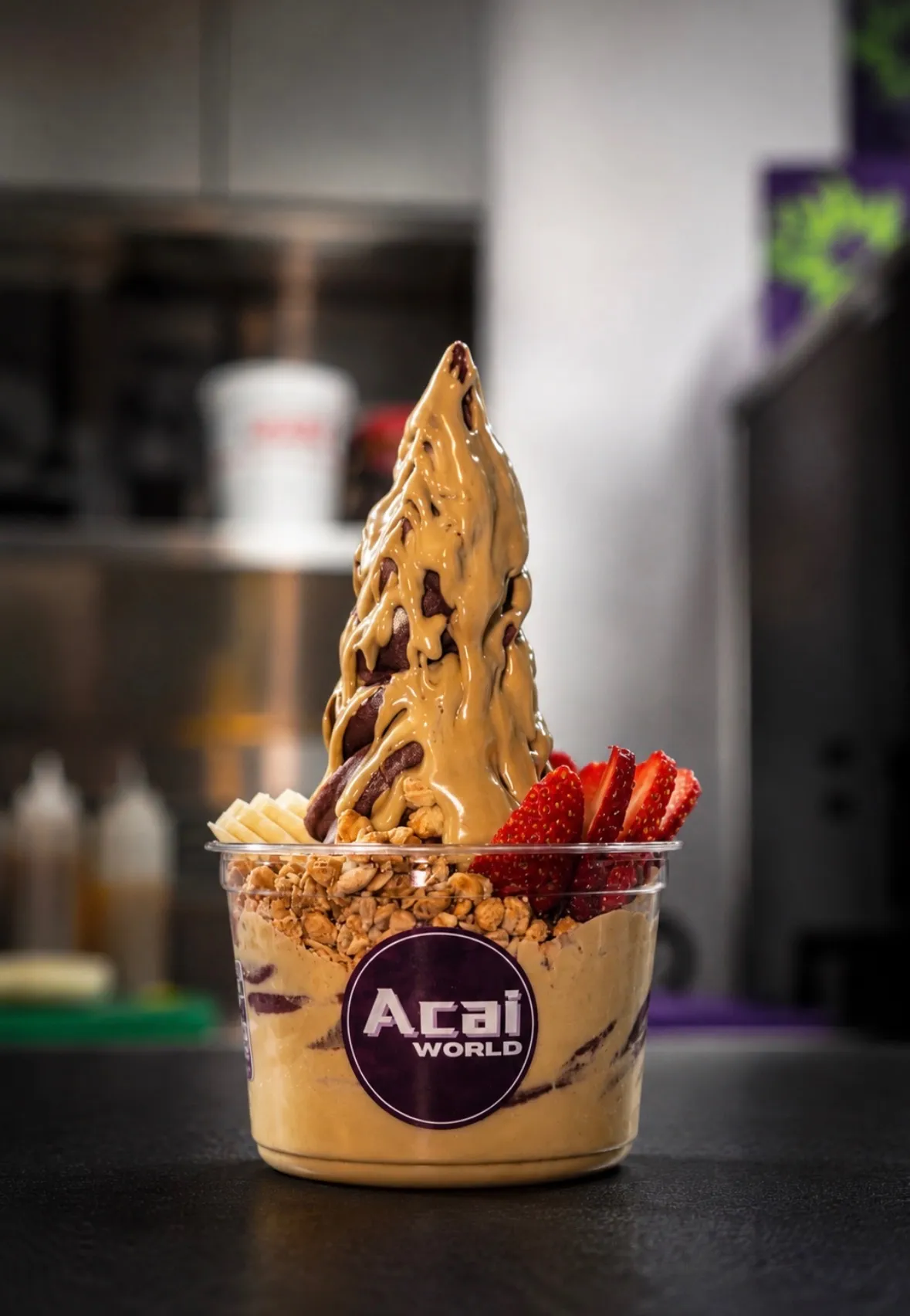Açaí bowl with peanut butter, fruit and granola